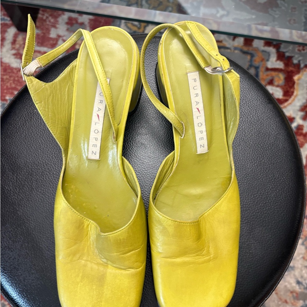 Pura Lopez Lime Yellow Leather Slingback Mules - Picture 2 of 16